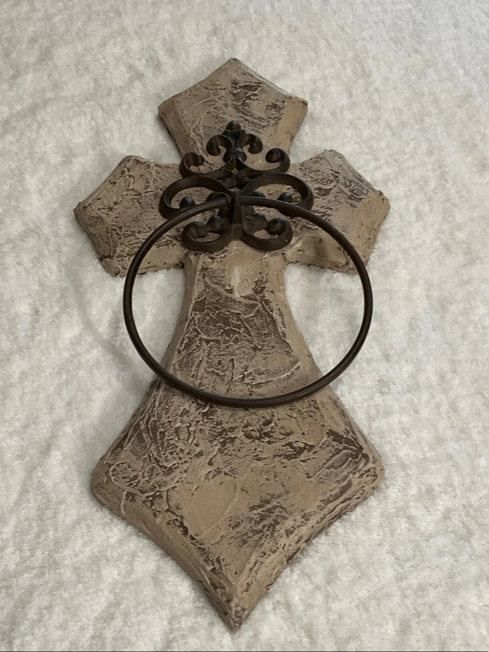 Textured Beige Wall Cross with Dark Bronze Towel Ring